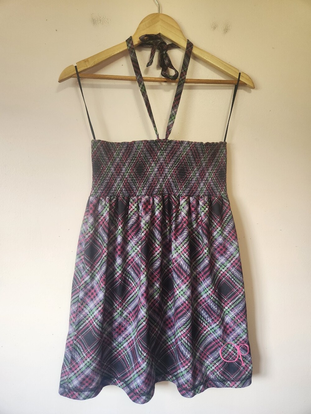 ​Y2K Vintage OP Ocean Pacific Plaid Smocked Halter Babydoll Tunic Top Fairycore